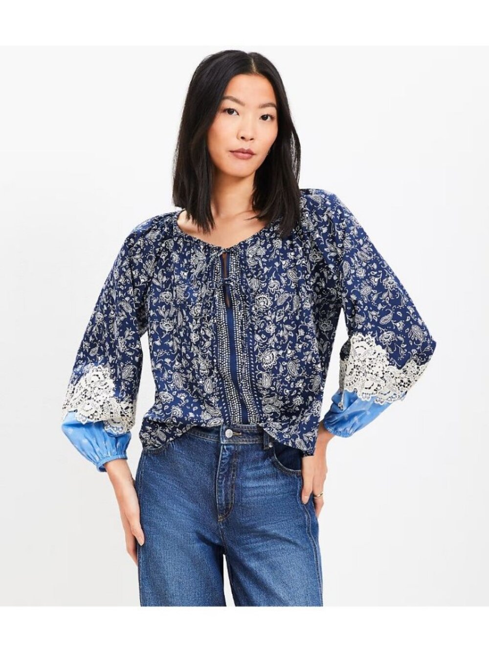 LOFT Lace Paisley Tie Blouse L Blue Boho Cotton Romantic Femenine